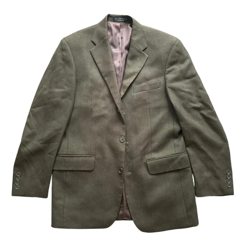 Vintage Brown Herringbone Lambswool Cashmere 3 Button Blazer Jacket Mens